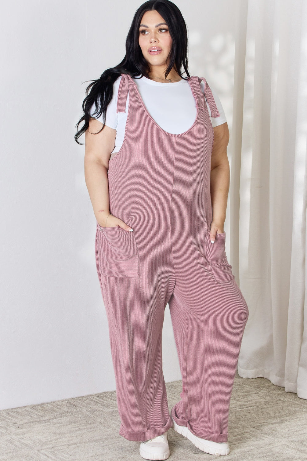 Celeste Full Size Ribbed Tie Shoulder Sleeveless Ankle Overalls - The Boutie Shop