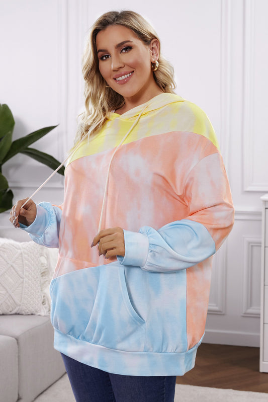 Plus Size Drawstring Color Block Dropped Shoulder Hoodie - The Boutie Shop