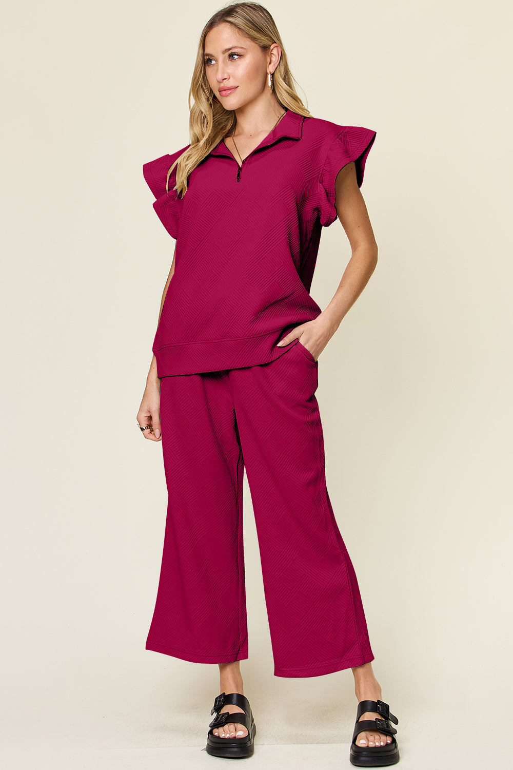 Double Take Texture Ruffle Short Sleeve Top and Drawstring Wide Leg Pants Set - The Boutie Shop