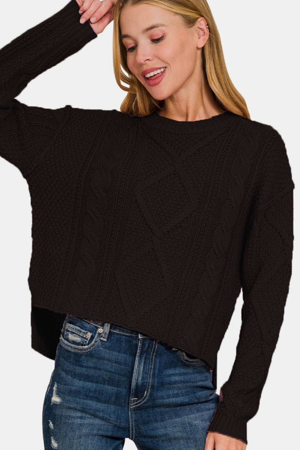 Zenana Cropped High Low Cable Sweater with Side Slits - The Boutie Shop