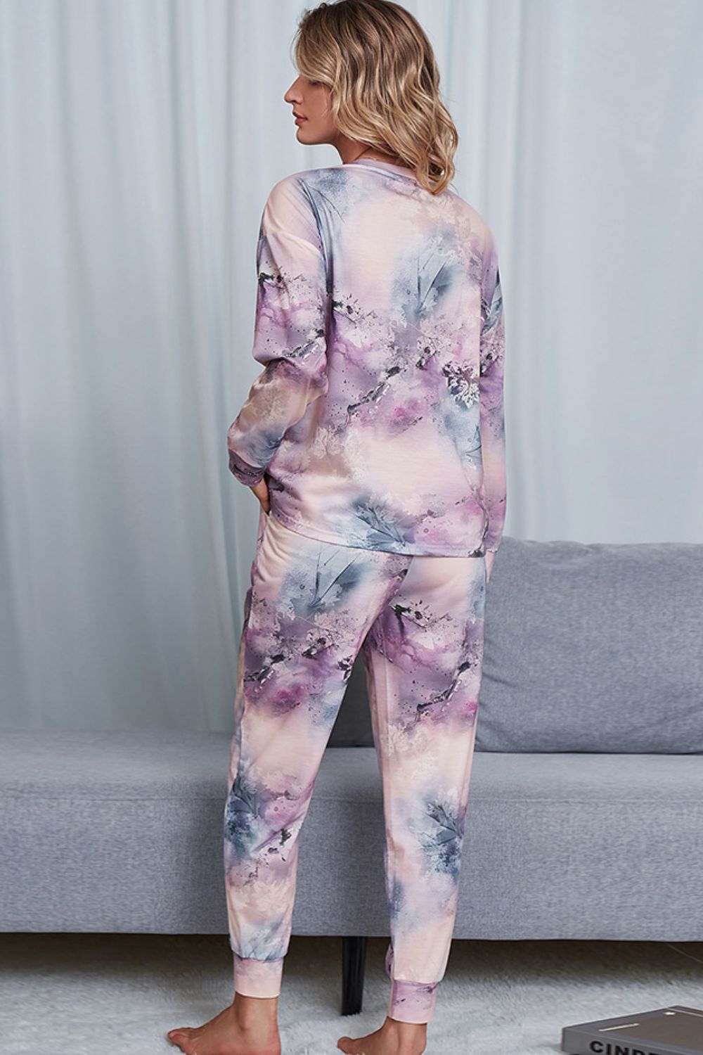 Shiny Tie-Dye Crewneck Top and Drawstring Waist Joggers Lounge Set - The Boutie Shop