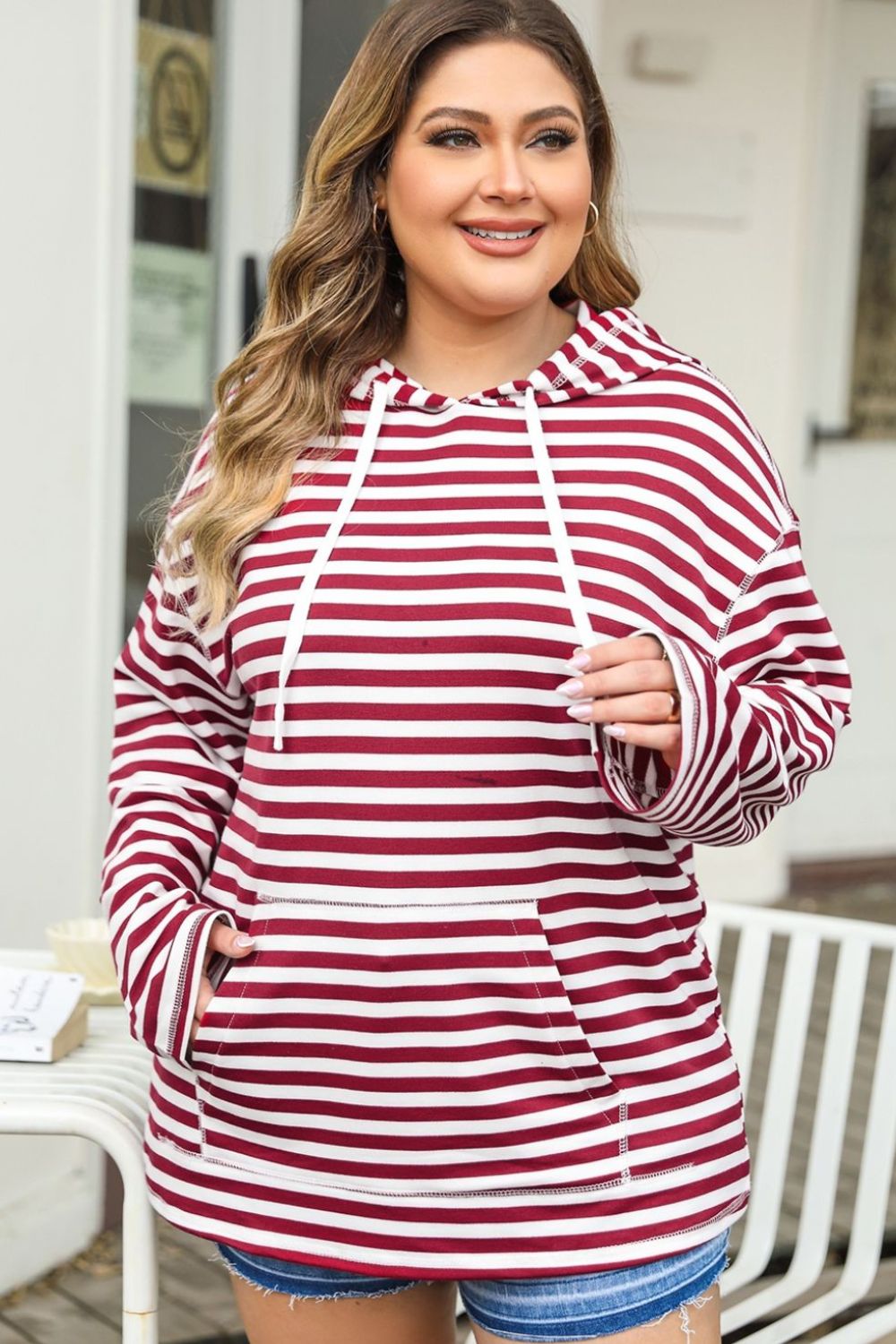 Plus Size Drawstring Striped Dropped Shoulder Hoodie - The Boutie Shop