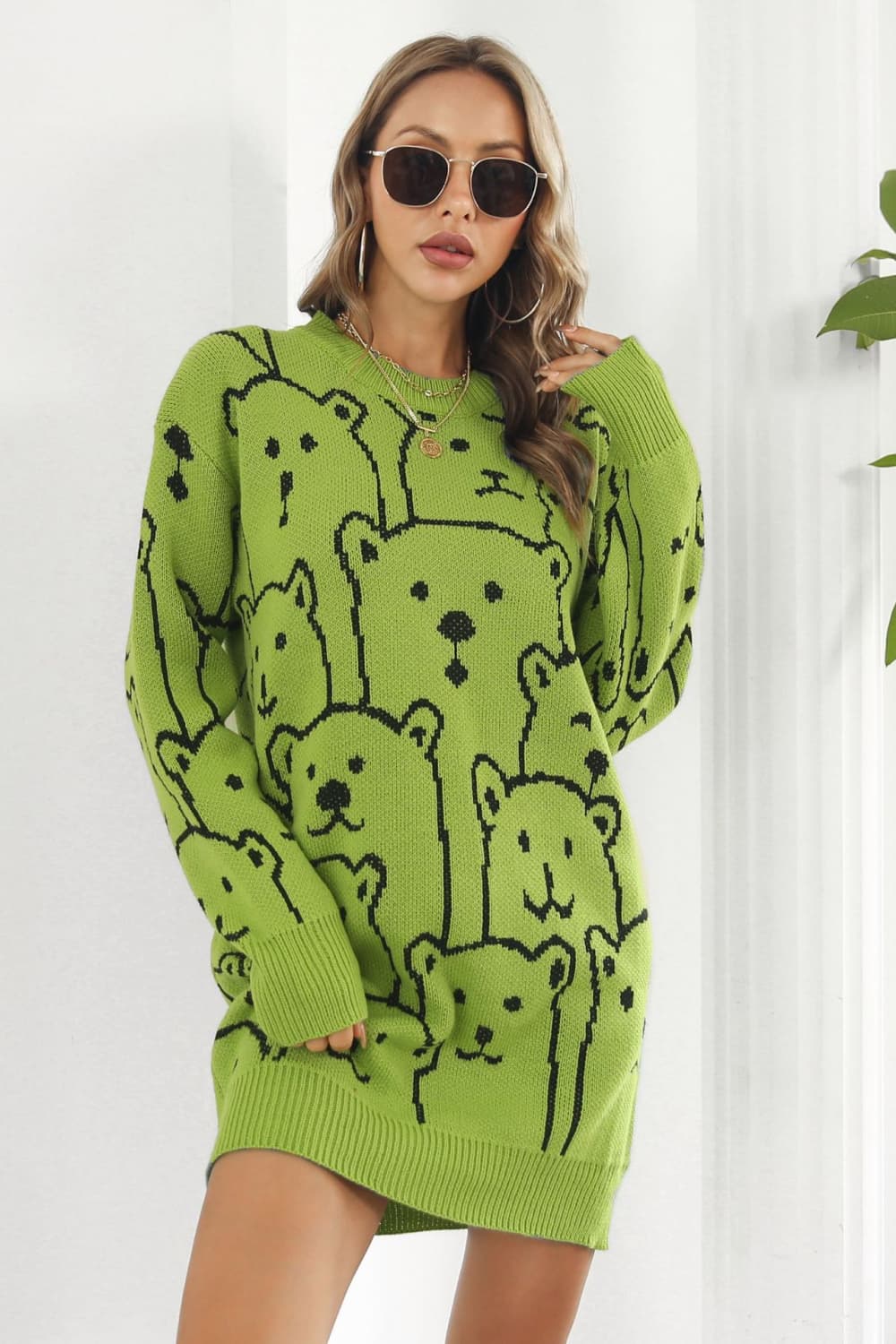 Bear Pattern Round Neck Sweater Dress - The Boutie Shop