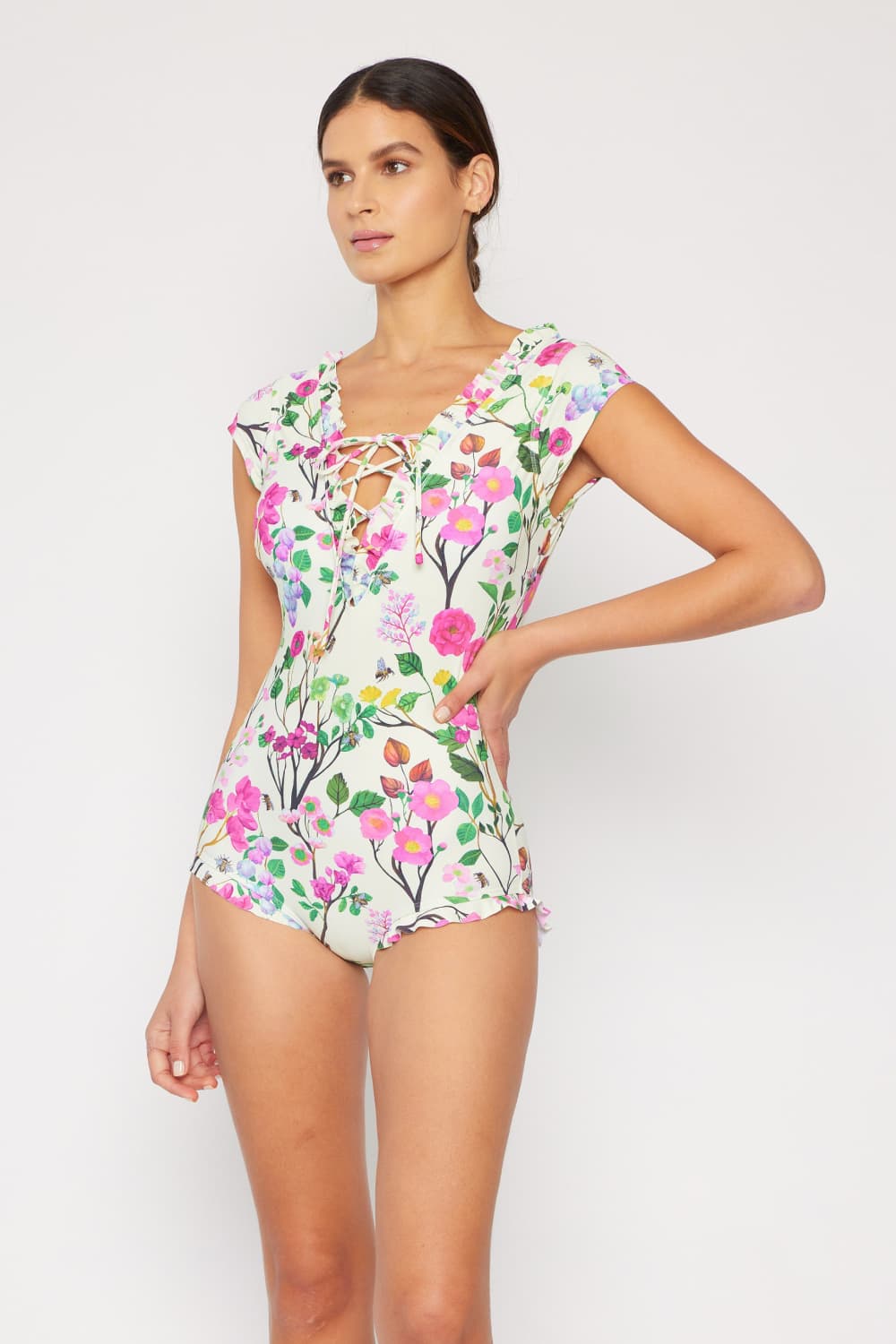 Marina West Swim Bring Me Flowers V-Neck One Piece Swimsuit Cherry Blossom Cream - The Boutie Shop