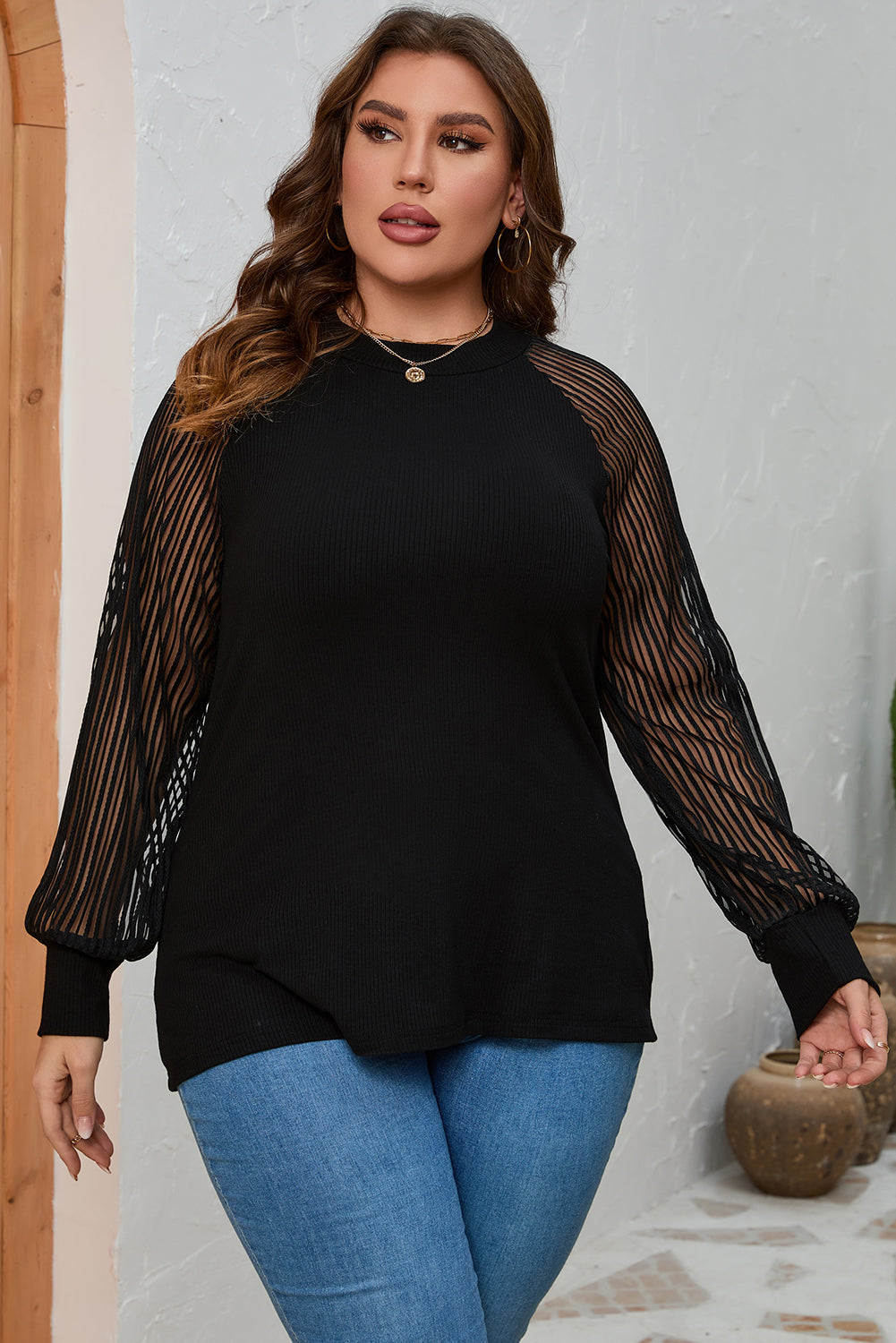 Plus Size Round Neck Long Sleeve Blouse - The Boutie Shop