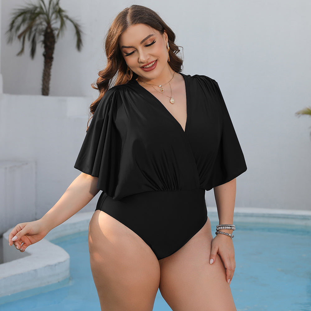 Plus Size Ruched Surplice Neck One-Piece Swimsuit - The Boutie Shop