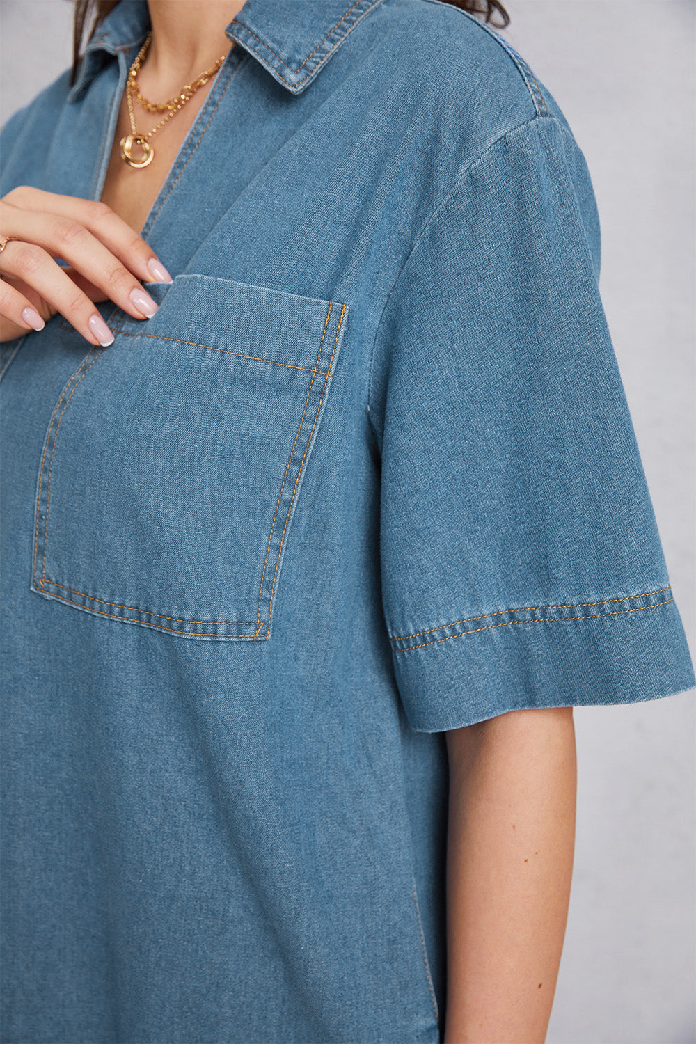 Pocketed Collared Neck Mini Denim Dress - The Boutie Shop