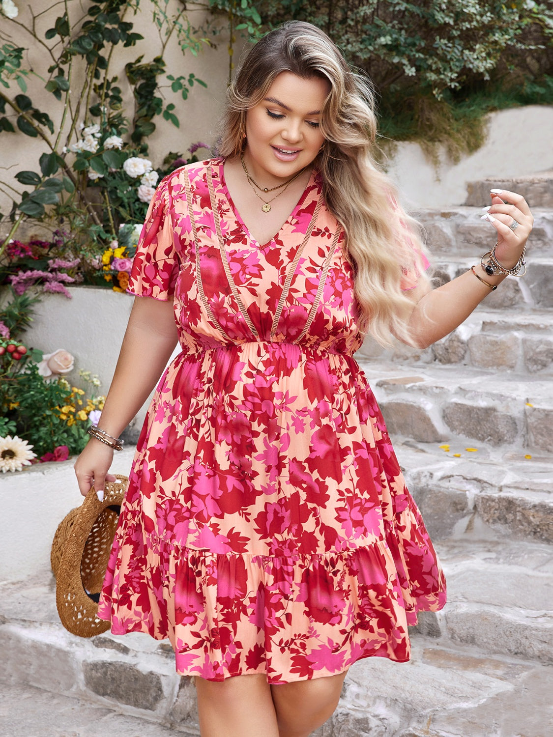 Plus Size Printed V-Neck Flutter Sleeve Dress - The Boutie Shop