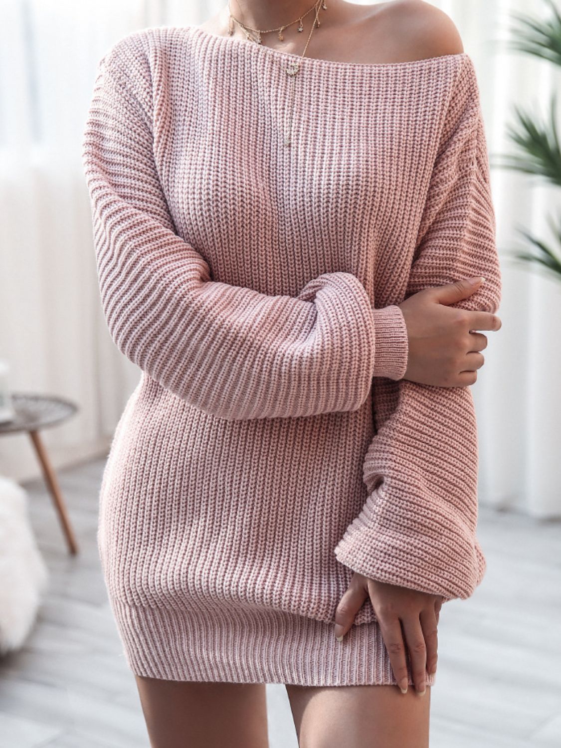 Balloon Sleeve Boat Neck Sweater Mini Dress - The Boutie Shop