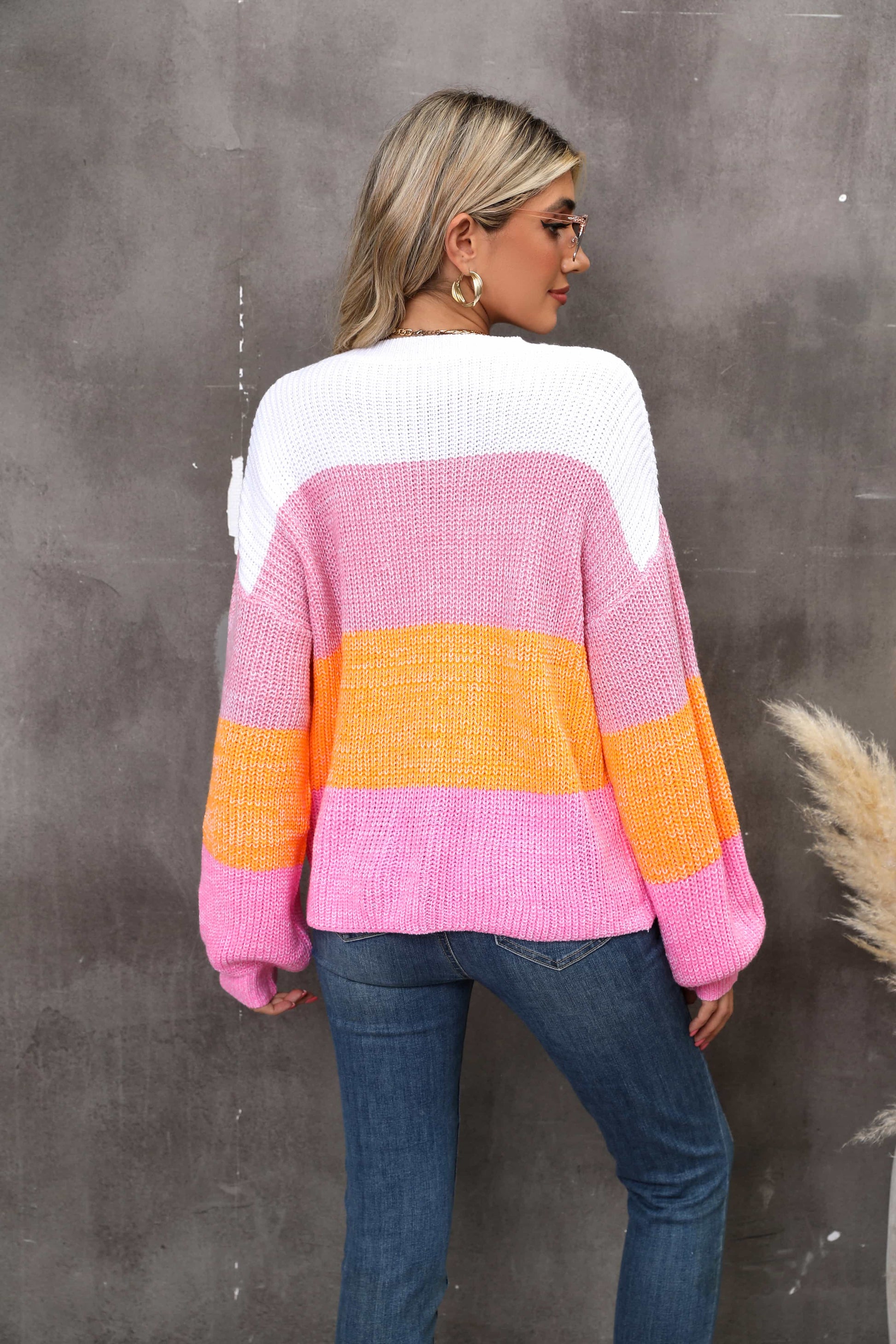 Angel Wings Color Block Round Neck Dropped Shoulder Sweater - The Boutie Shop