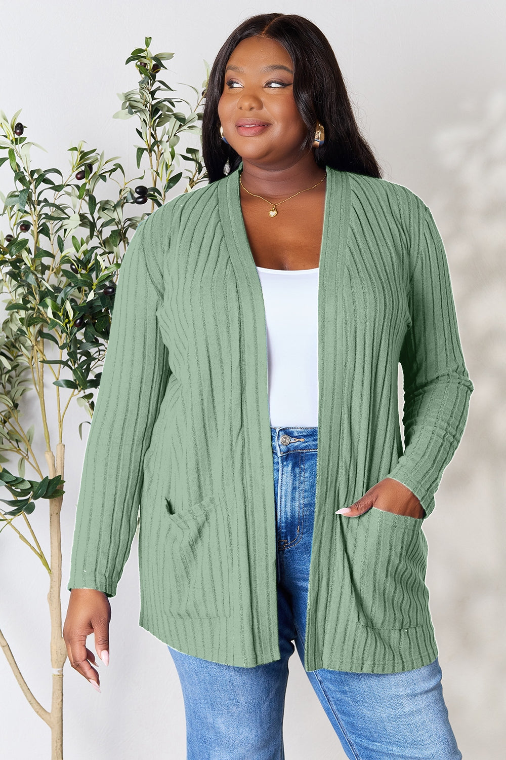 Basic Bae Full Size Ribbed Open Front Cardigan with Pockets - The Boutie Shop