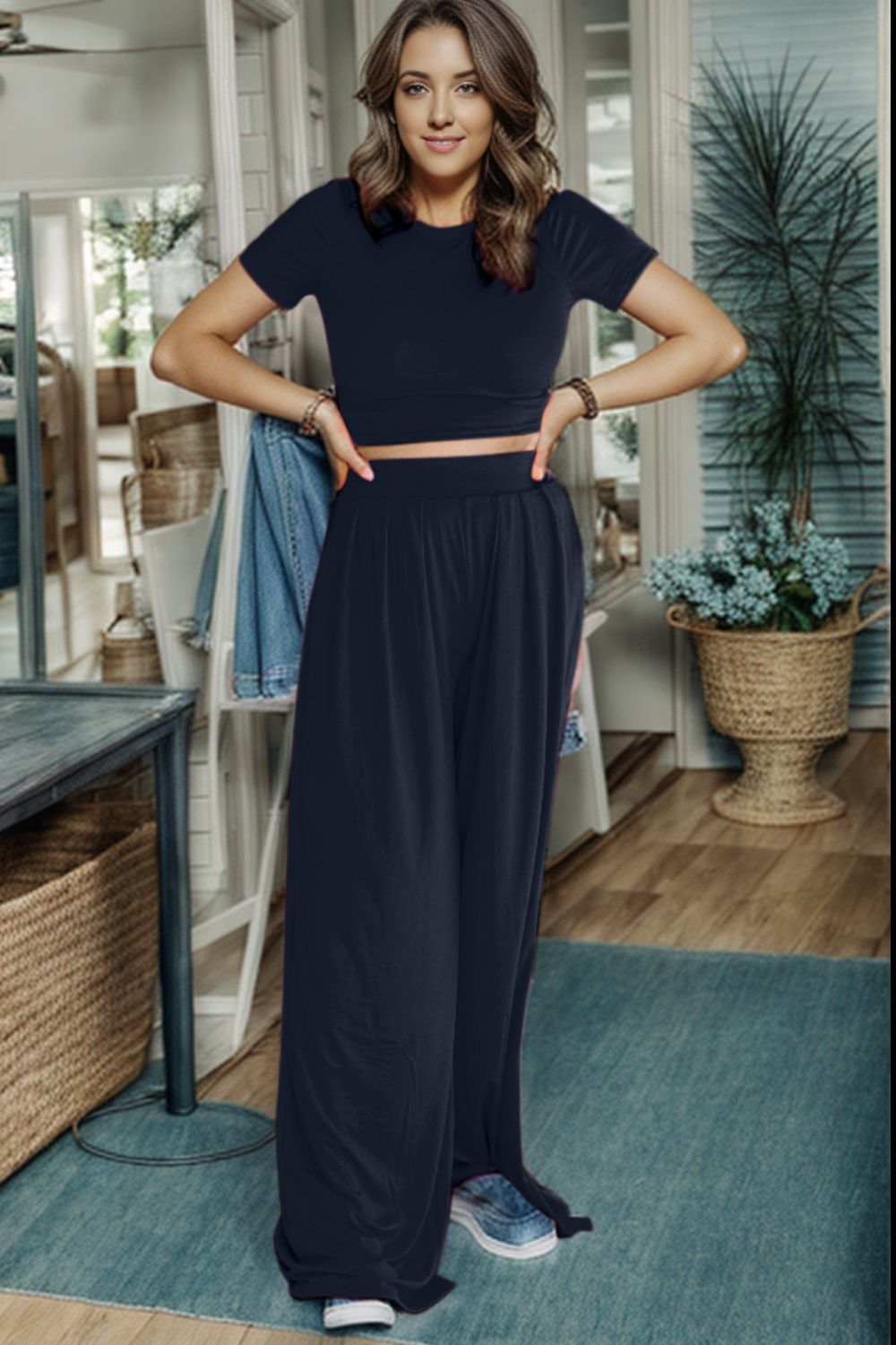 Short Sleeve Top and Wide Leg Pants Set - The Boutie Shop