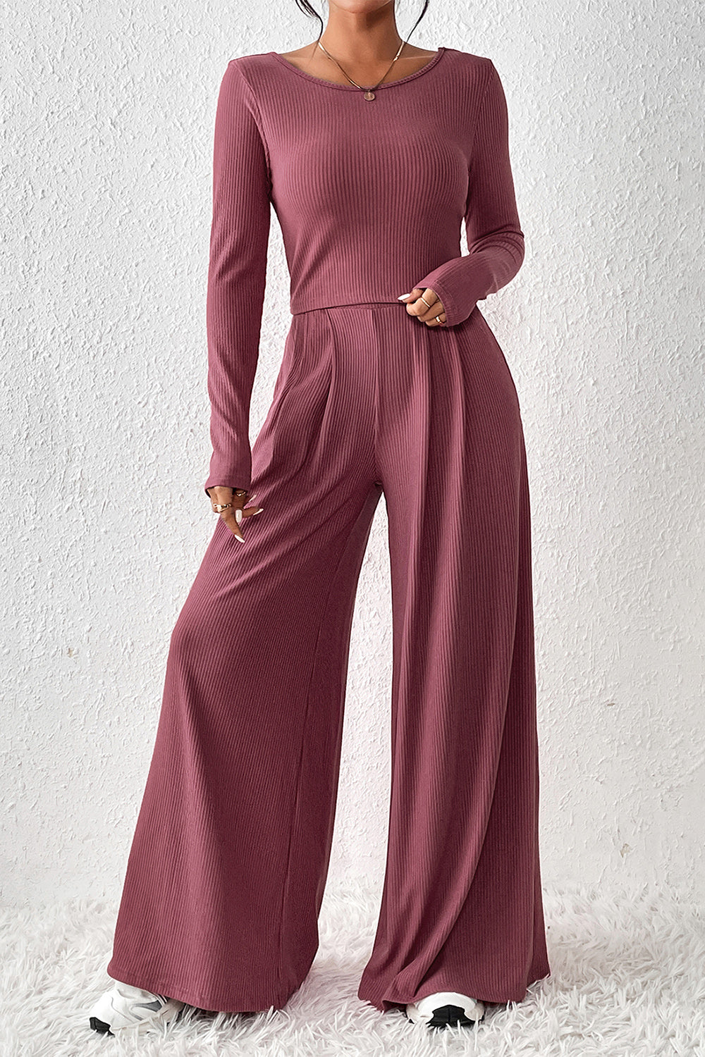 Ribbed Round Neck Top and Wide-Leg Pants Set - The Boutie Shop