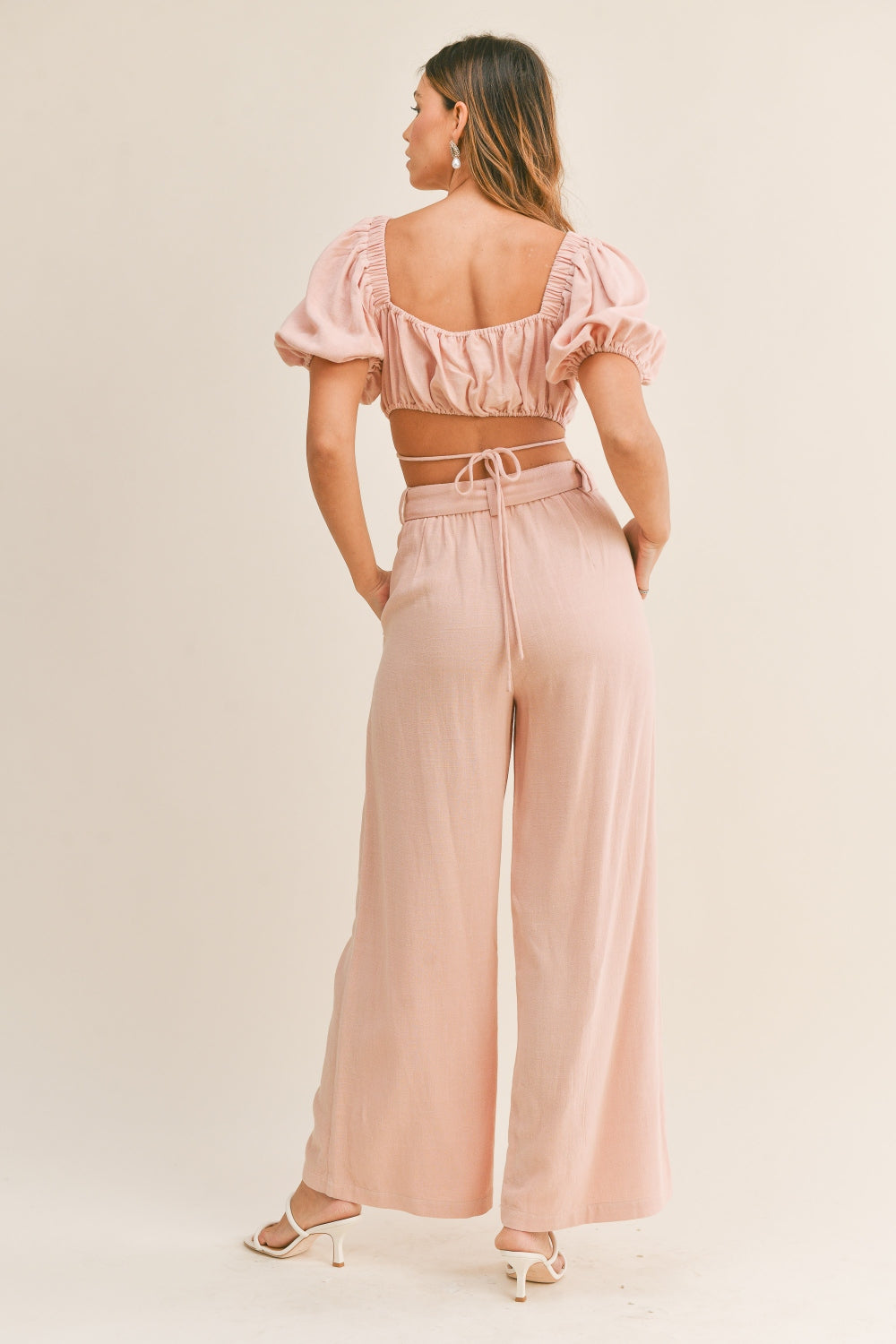 MABLE Cut Out Drawstring Crop Top and Belted Pants Set - The Boutie Shop