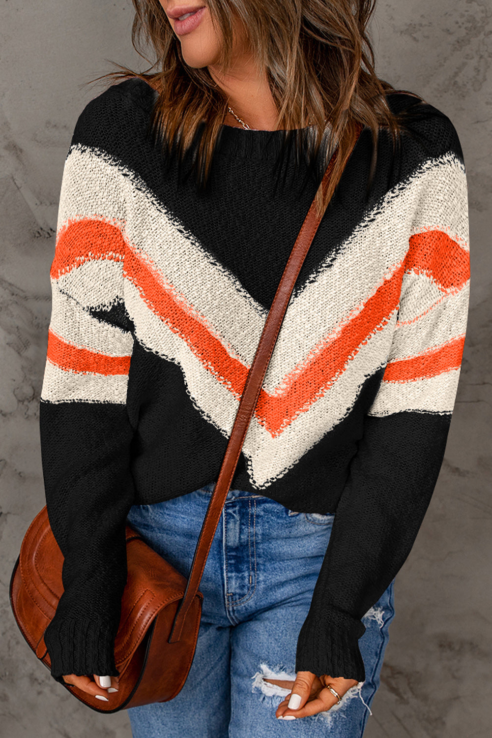 Contrast Round Neck Dropped Shoulder Sweater - The Boutie Shop