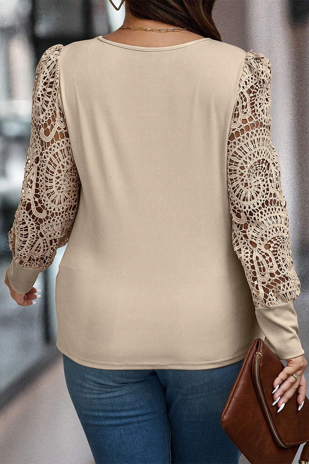 Plus Size Openwork Scoop Neck Long Sleeve Blouse - The Boutie Shop