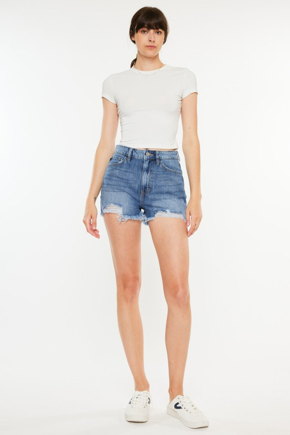 Kancan Distressed Raw Hem High Waist Denim Shorts - The Boutie Shop