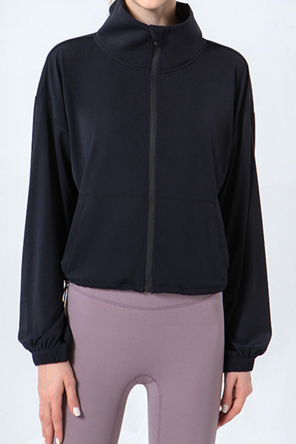 Drawstring Zip Up Dropped Shoulder Active Outerwear - The Boutie Shop