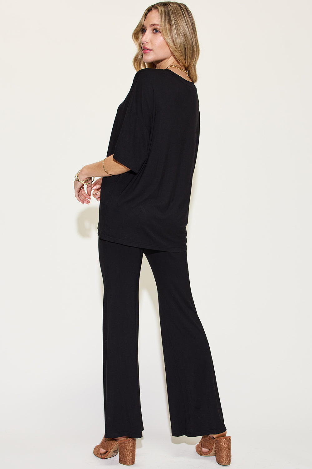 Basic Bae Full Size Bamboo Drop Shoulder T-Shirt and Flare Pants Set - The Boutie Shop