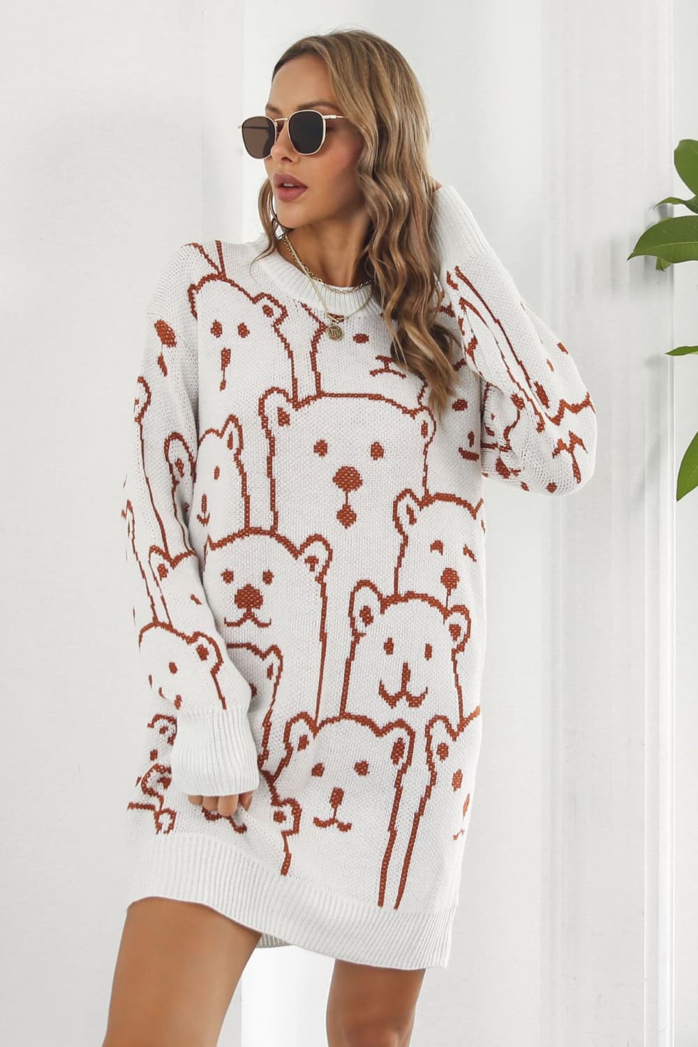 Bear Pattern Round Neck Sweater Dress - The Boutie Shop