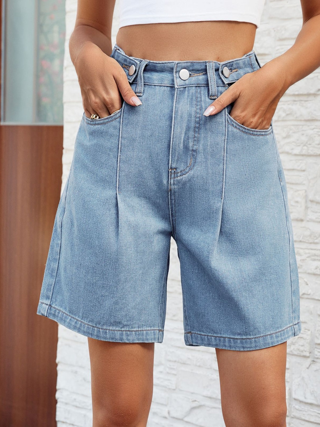 High Waist Denim Shorts with Pockets - The Boutie Shop