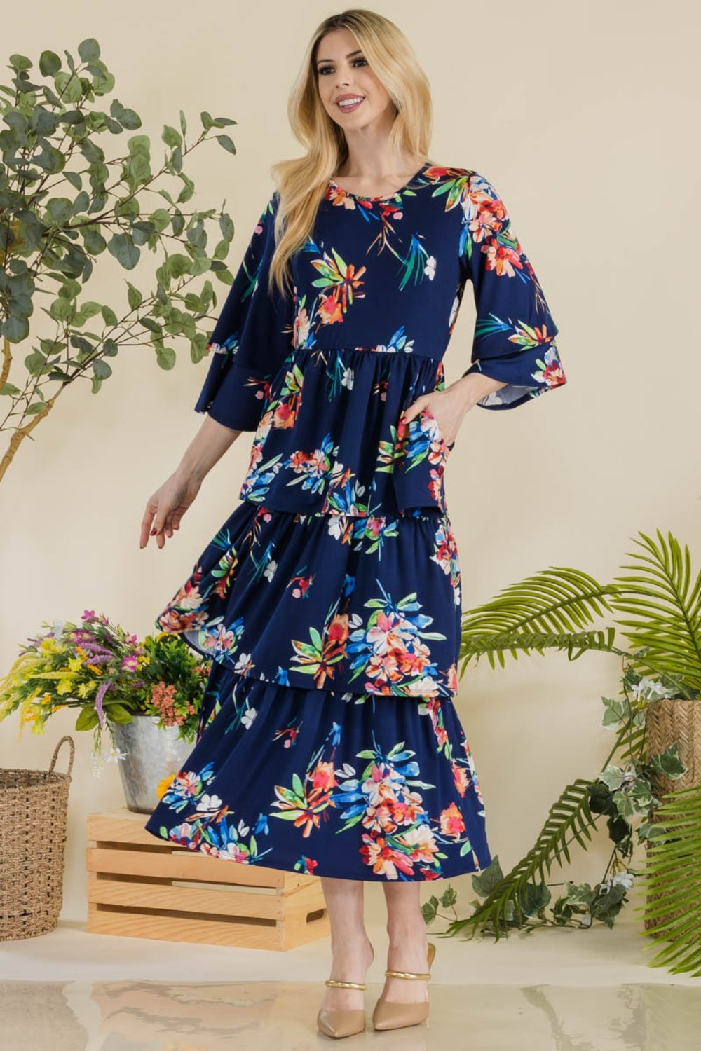 Celeste Full Size Floral Ruffle Tiered Midi Dress - The Boutie Shop