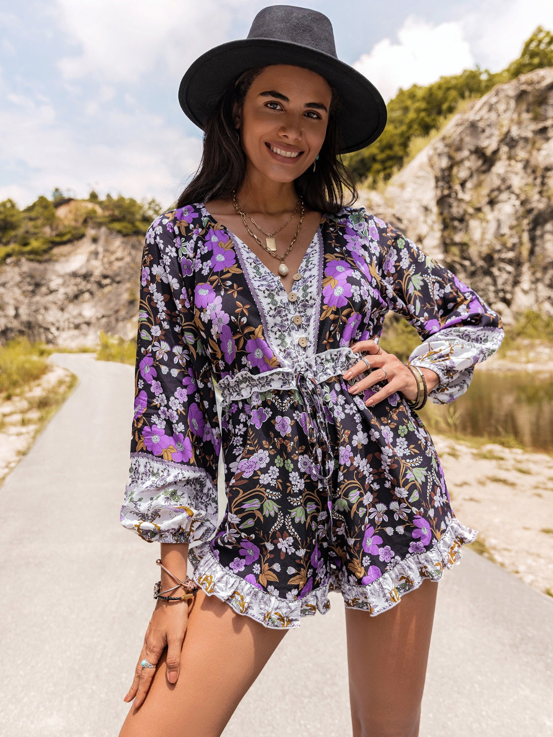 Printed Frill Half Button Balloon Sleeve Romper - The Boutie Shop