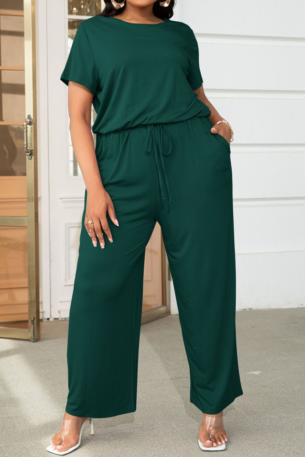 Plus Size Drawstring Waist Short Sleeve Jumpsuit - The Boutie Shop