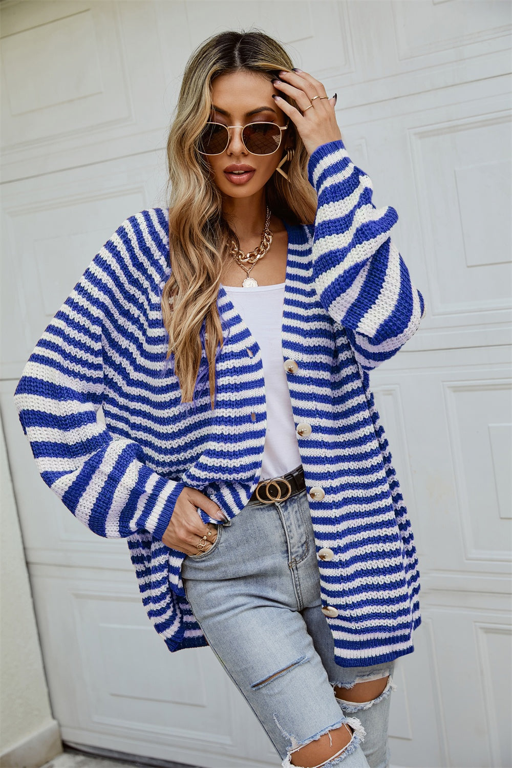 Angel Wings Striped Button Up Long Sleeve Cardigan - The Boutie Shop