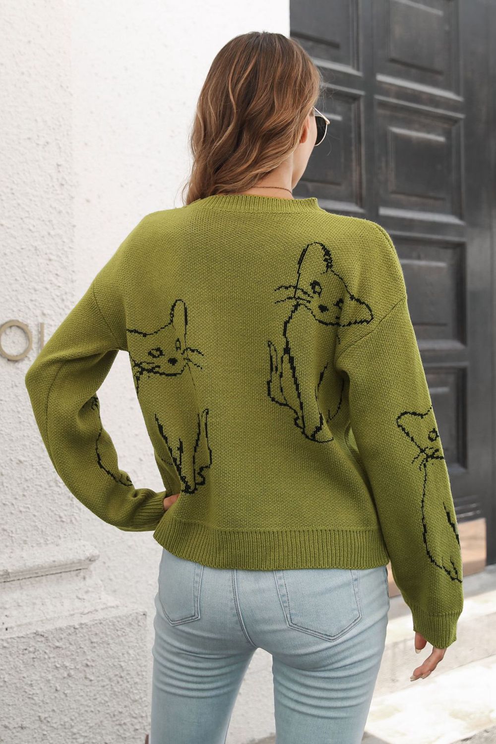 Cat Pattern Round Neck Long Sleeve Pullover Sweater - The Boutie Shop