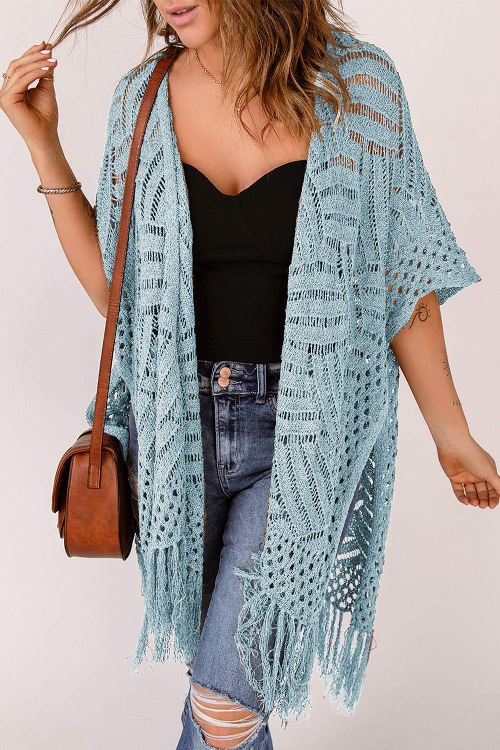 Openwork Open Front Cardigan with Fringes - The Boutie Shop