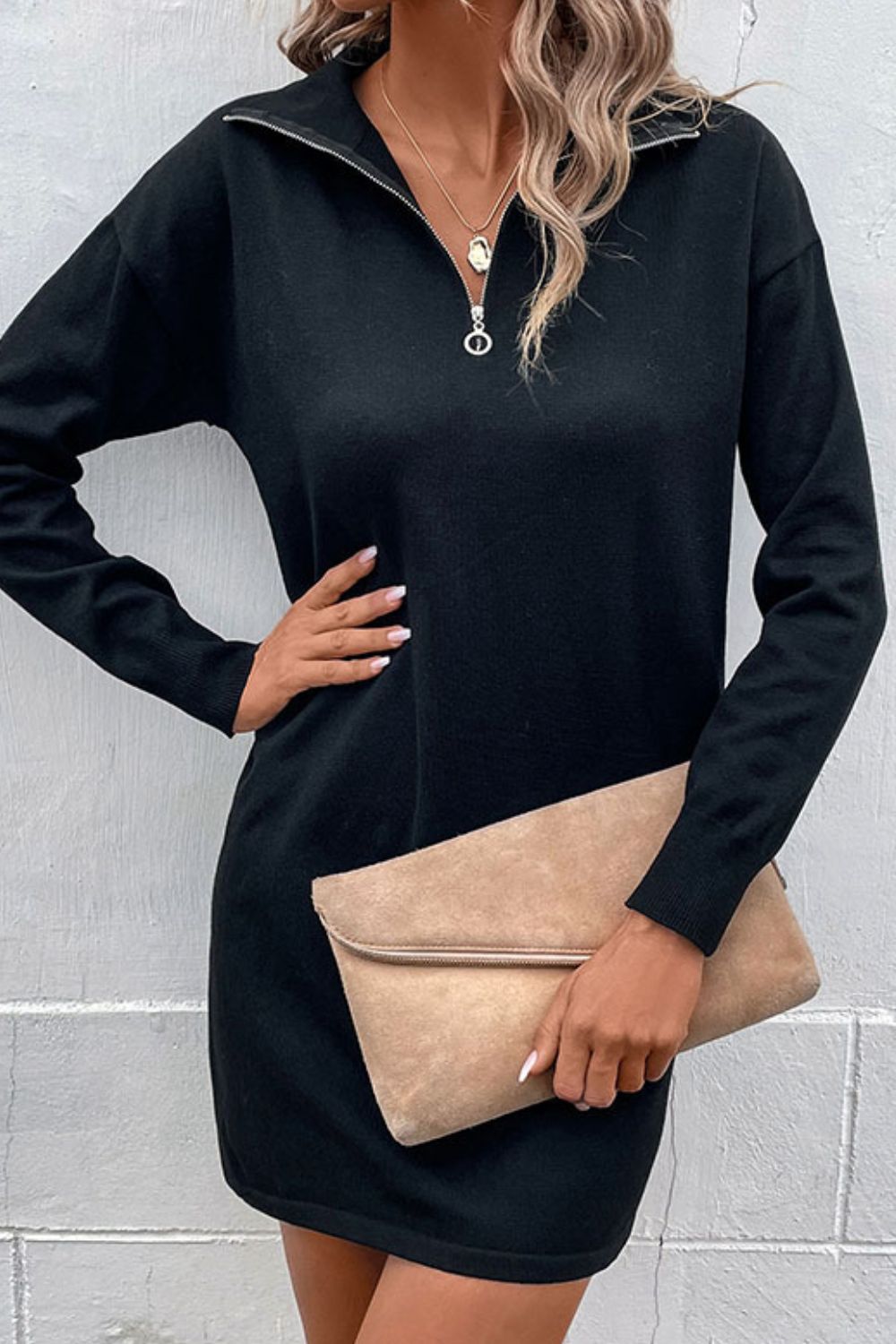 Perfee Quarter-Zip Dropped Shoulder Knit Dress - The Boutie Shop