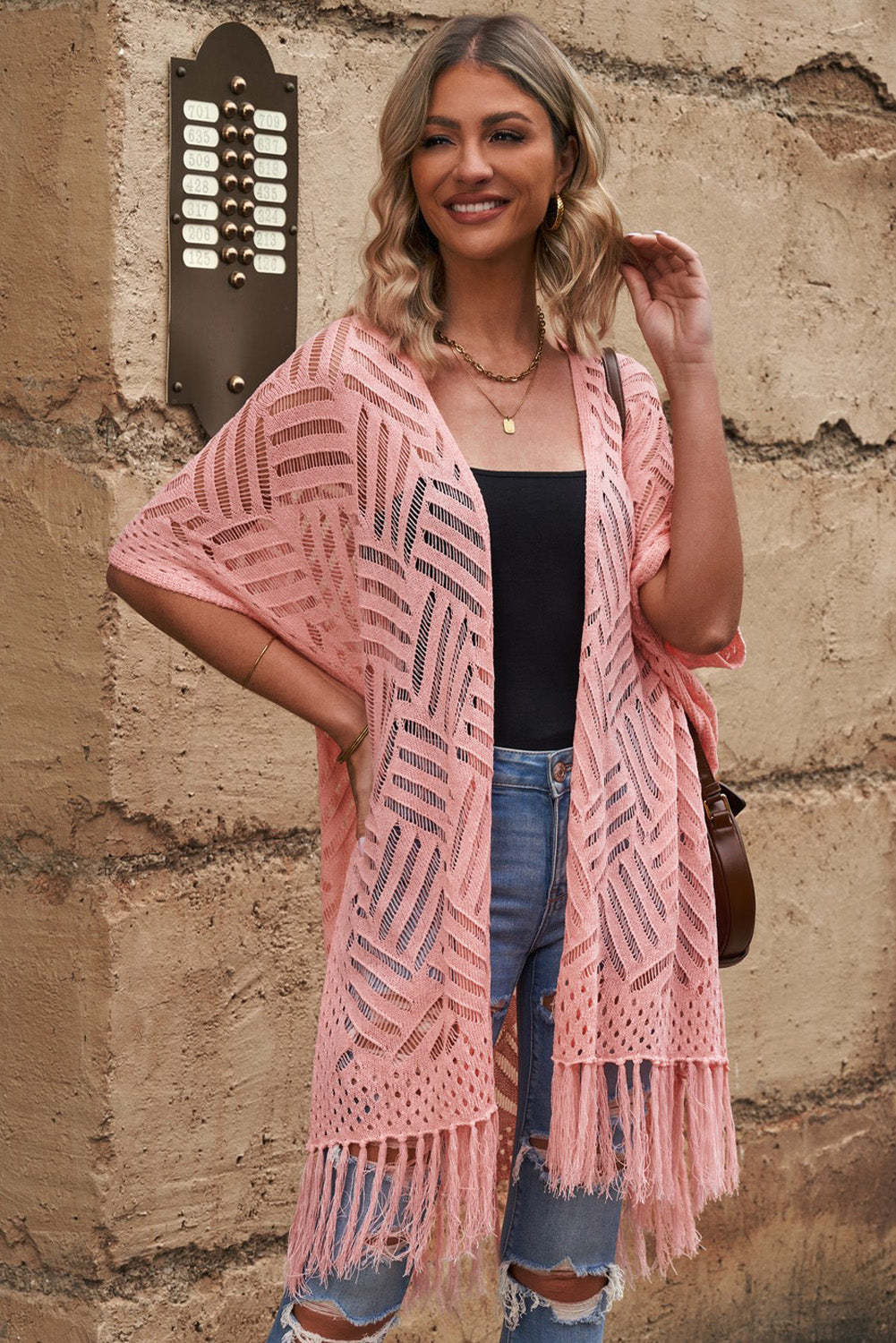 Openwork Open Front Cardigan with Fringes - The Boutie Shop