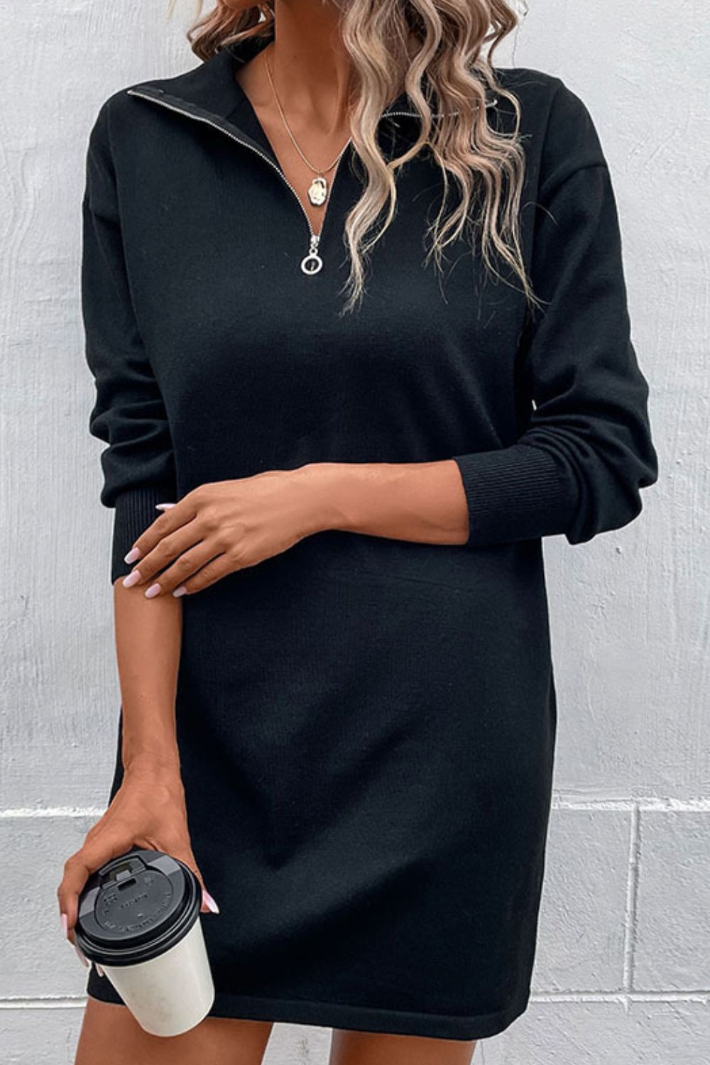 Perfee Quarter-Zip Dropped Shoulder Knit Dress - The Boutie Shop