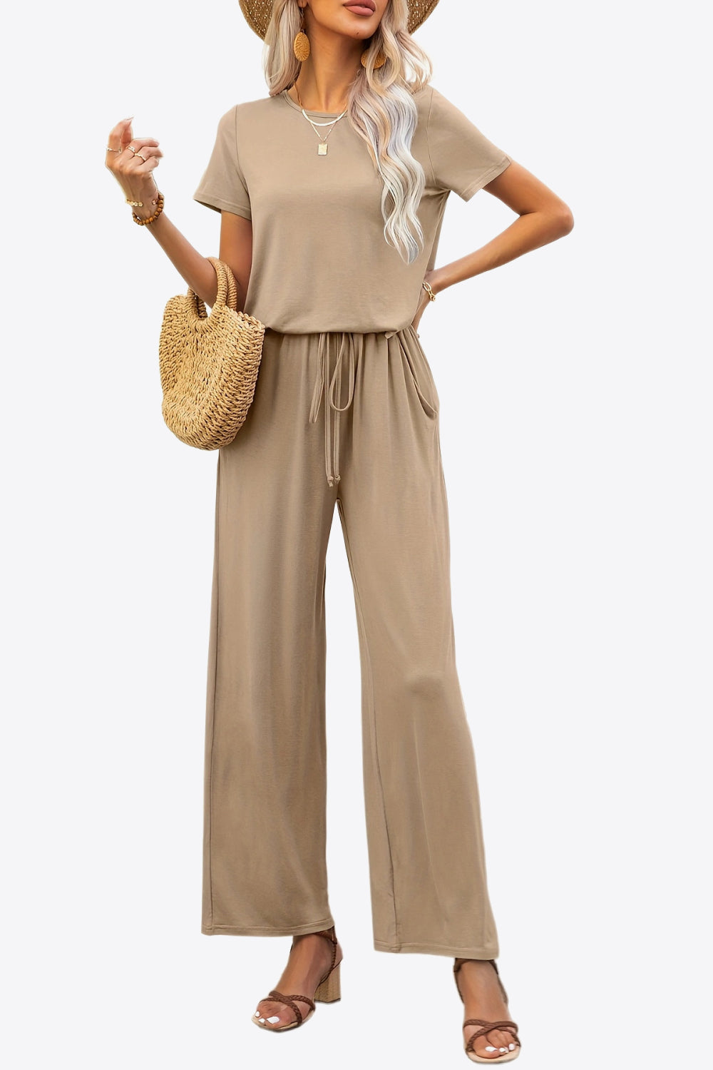 Round Neck Short Sleeve Jumpsuit with Pockets - The Boutie Shop