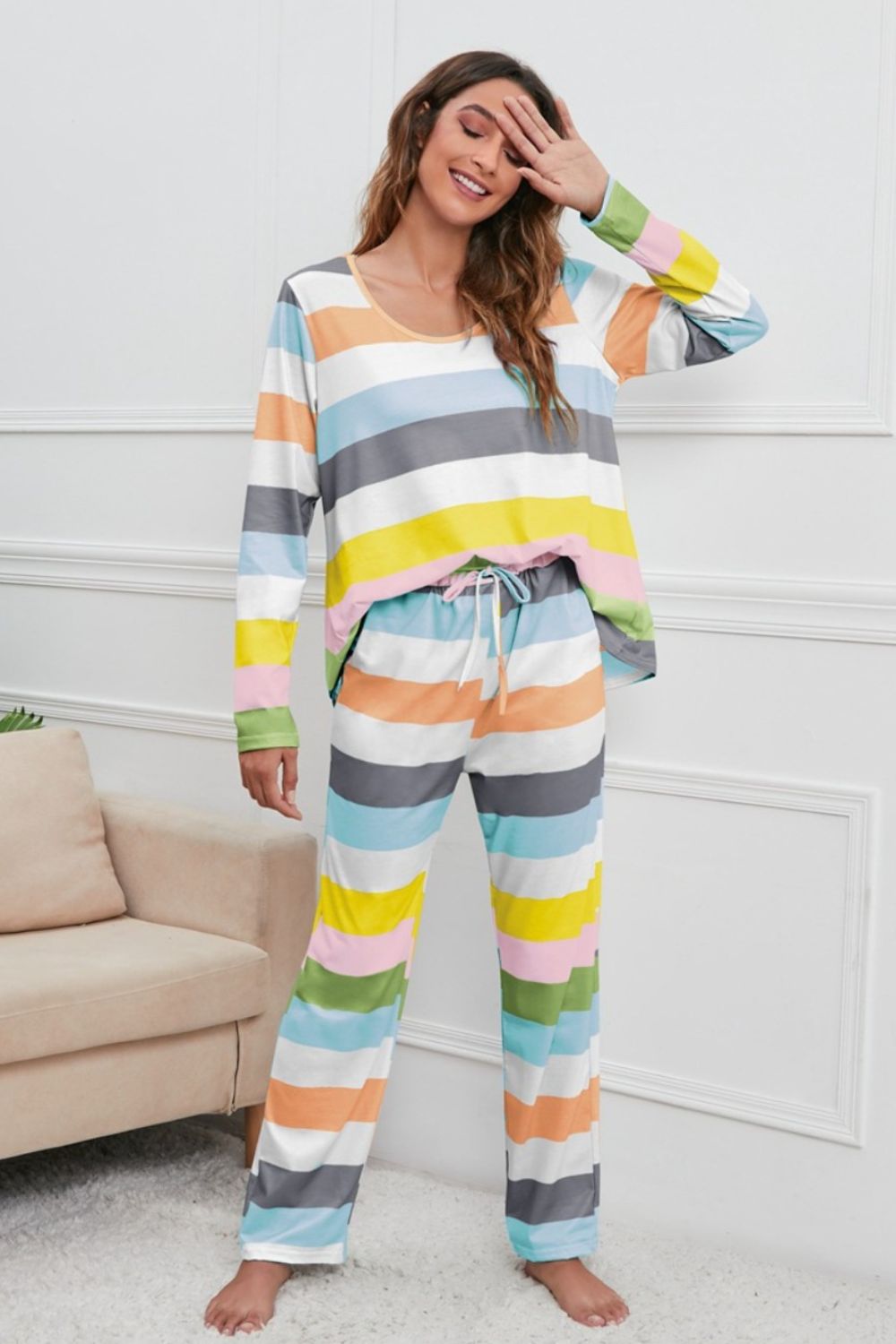 Striped Round Neck Long Sleeve Top and Drawstring Pants Lounge Set - The Boutie Shop