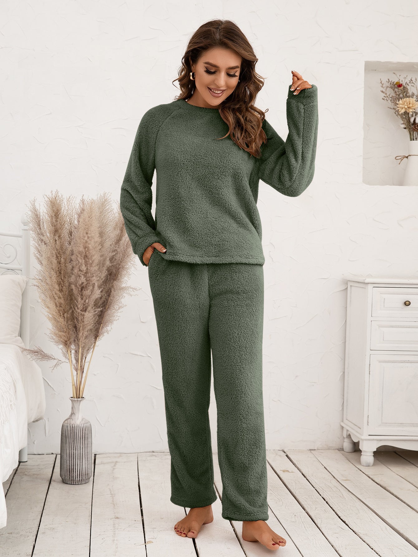 Ivy Lane Teddy Long Sleeve Top and Pants Lounge Set - The Boutie Shop