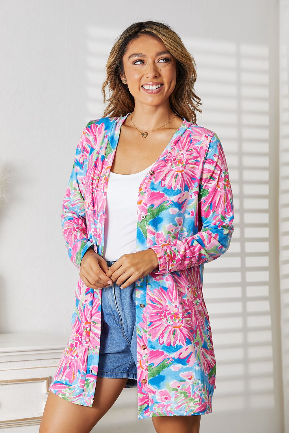 Double Take Floral Open Front Long Sleeve Cardigan - The Boutie Shop