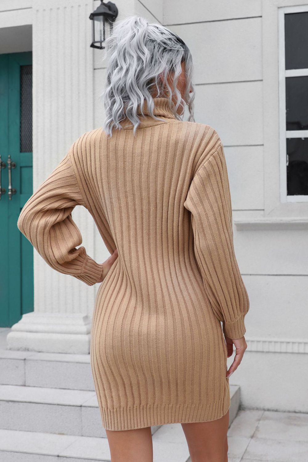 Ribbed Turtle Neck Long Sleeve Mini Sweater Dress - The Boutie Shop