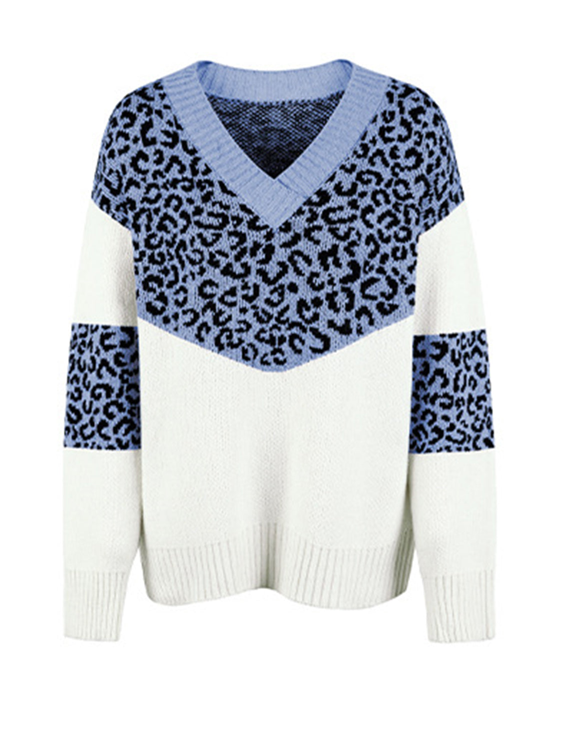 Leopard V-Neck Dropped Shoulder Sweater - The Boutie Shop