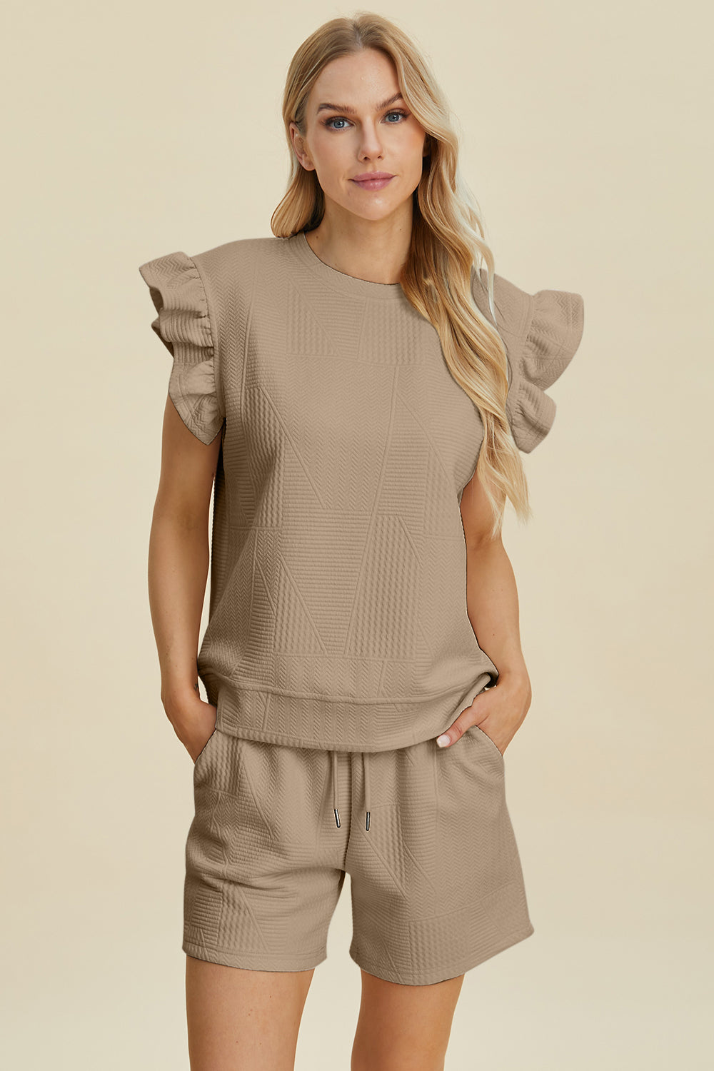 Double Take Full Size Texture Round Neck Ruffle Sleeve Top and Shorts Set - The Boutie Shop