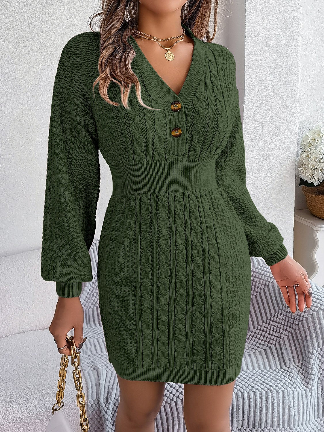 Buttoned Cable-Knit V-Neck Sweater Dress - The Boutie Shop