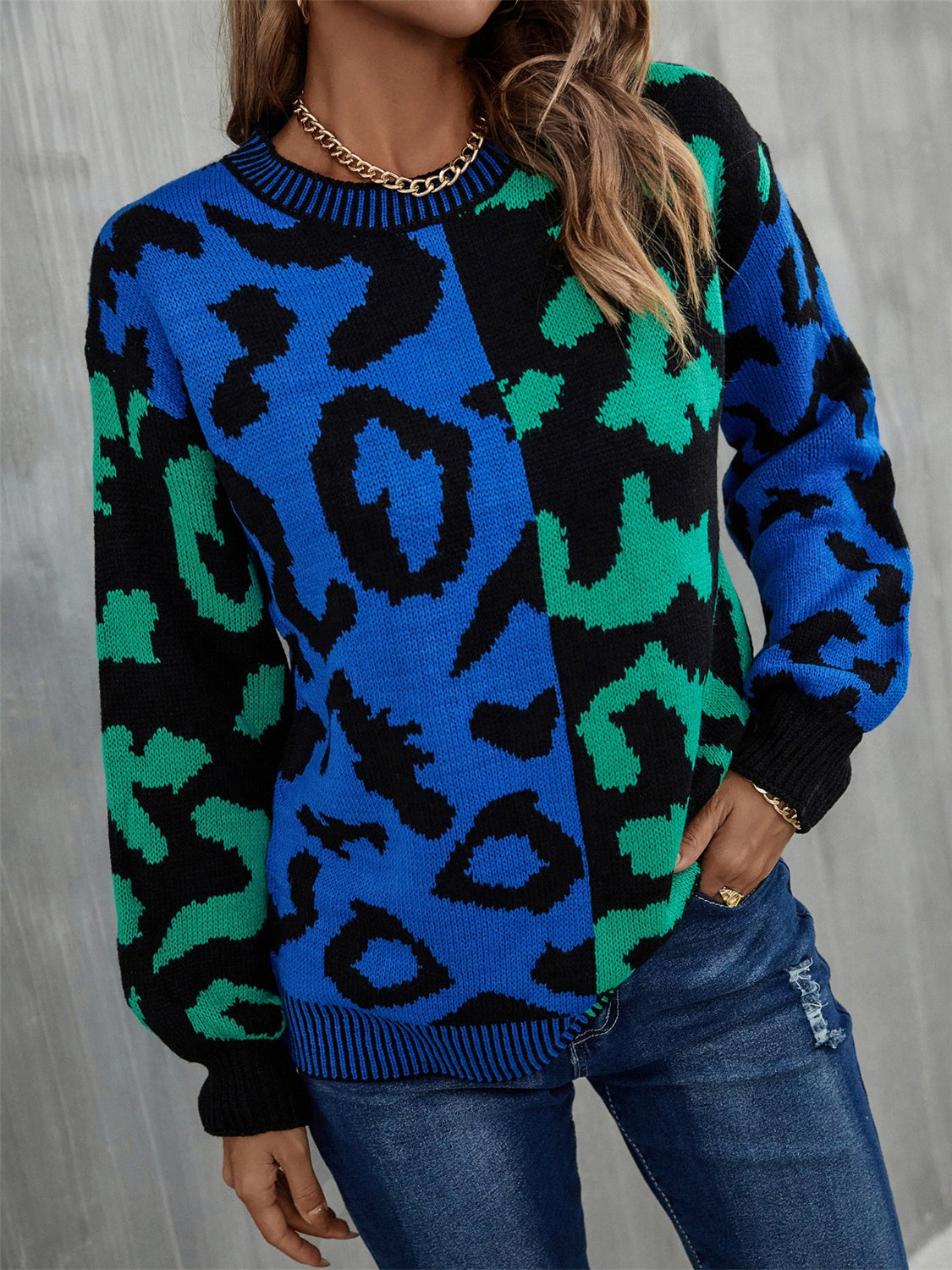 Angel Wings Leopard Round Neck Long Sleeve Sweater - The Boutie Shop