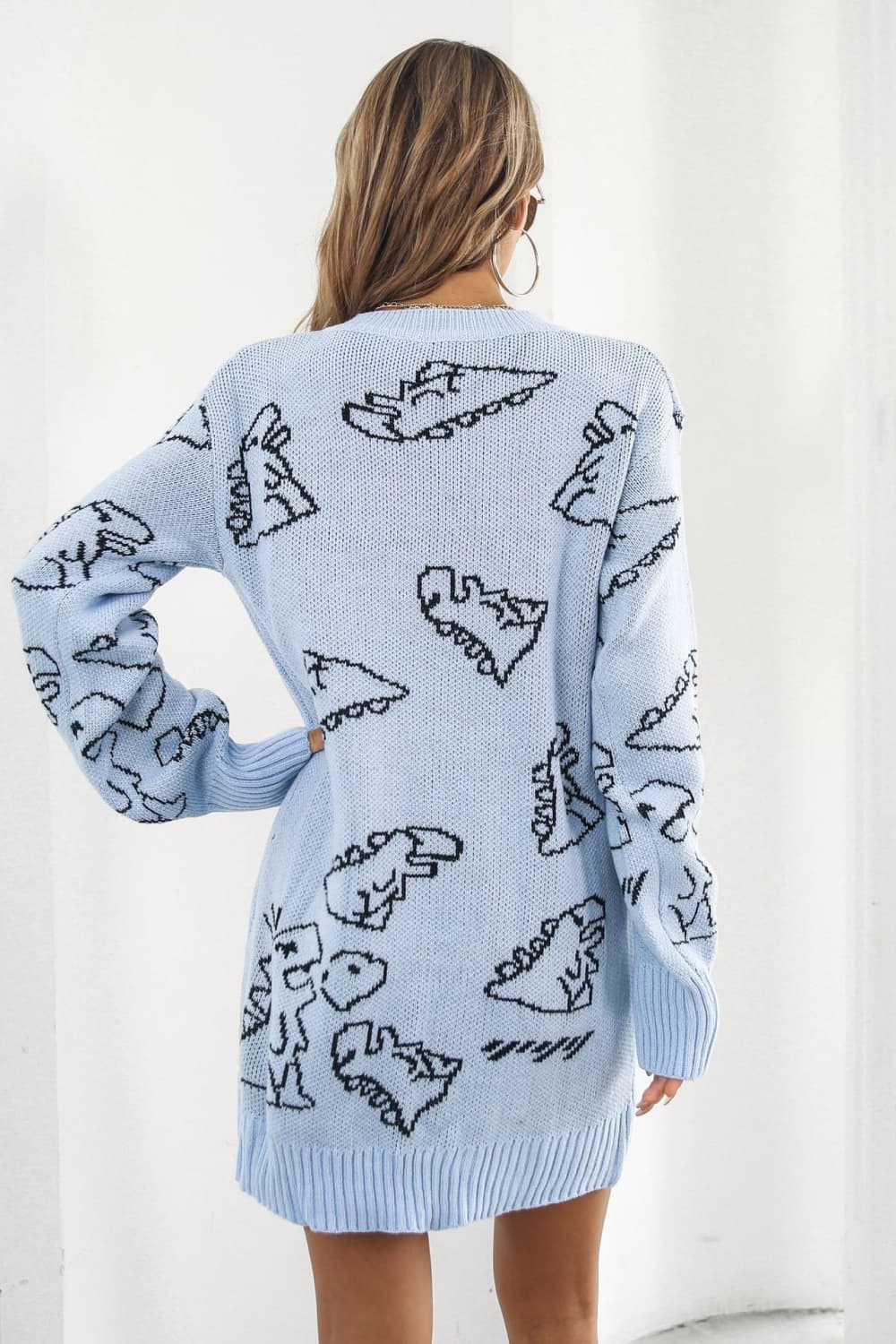 Dinosaur Pattern V-Neck Sweater Dress - The Boutie Shop