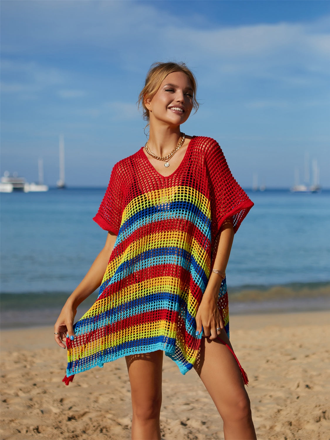 Angel Wings Cutout Striped Cover-Up with Tassel - The Boutie Shop