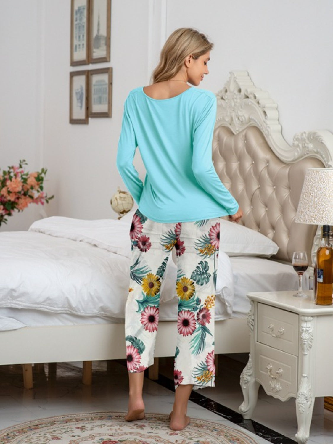 Round Neck Top and Printed Pants Lounge Set - The Boutie Shop