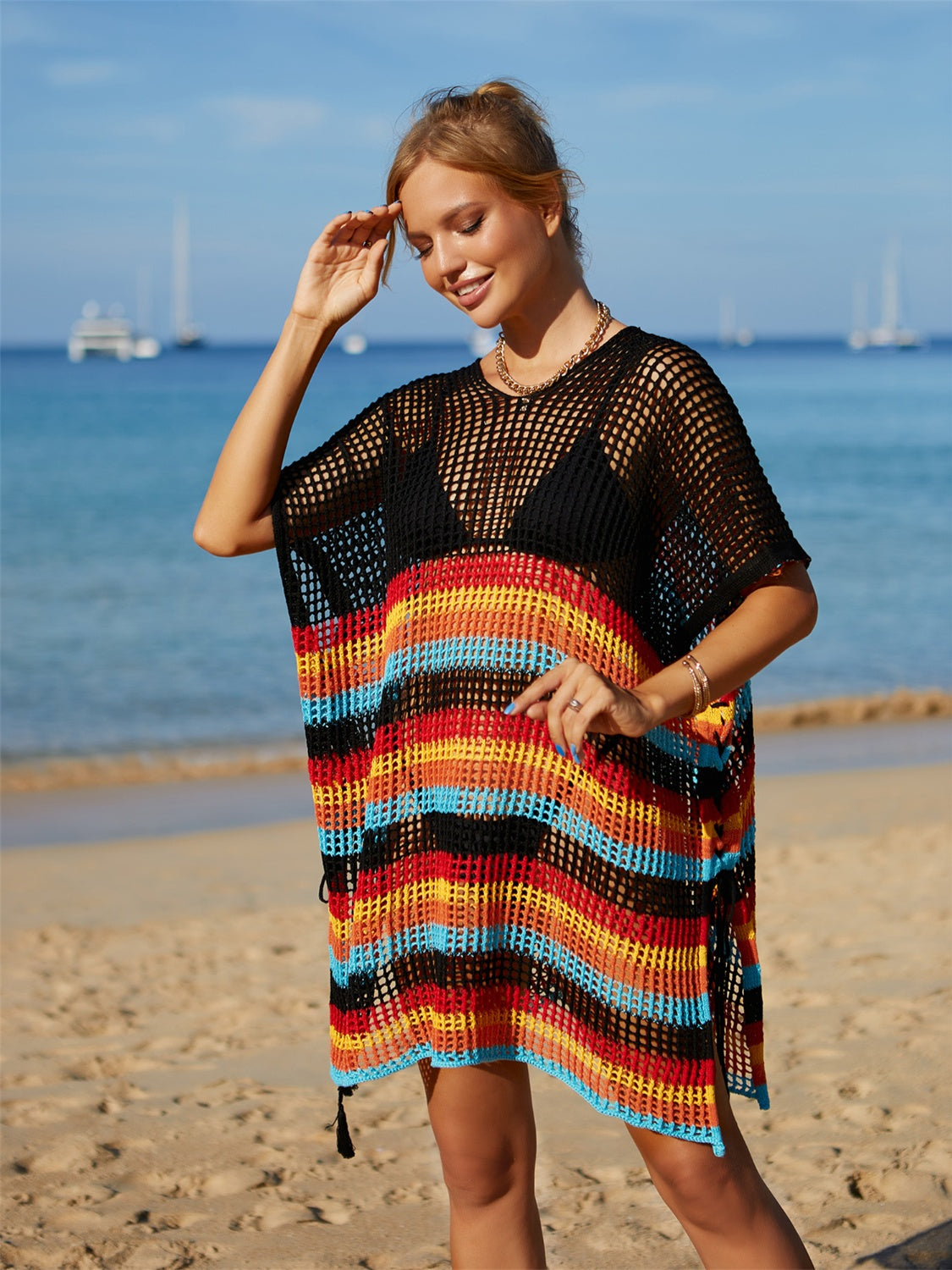 Angel Wings Cutout Striped Cover-Up with Tassel - The Boutie Shop