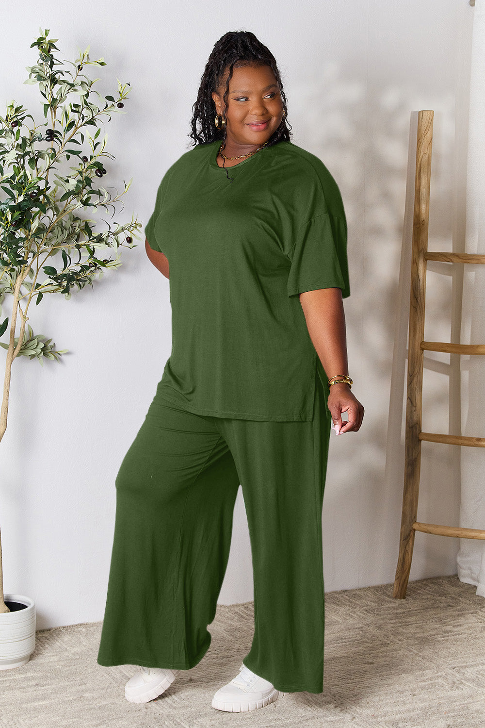 Double Take Full Size Round Neck Slit Top and Pants Set - The Boutie Shop