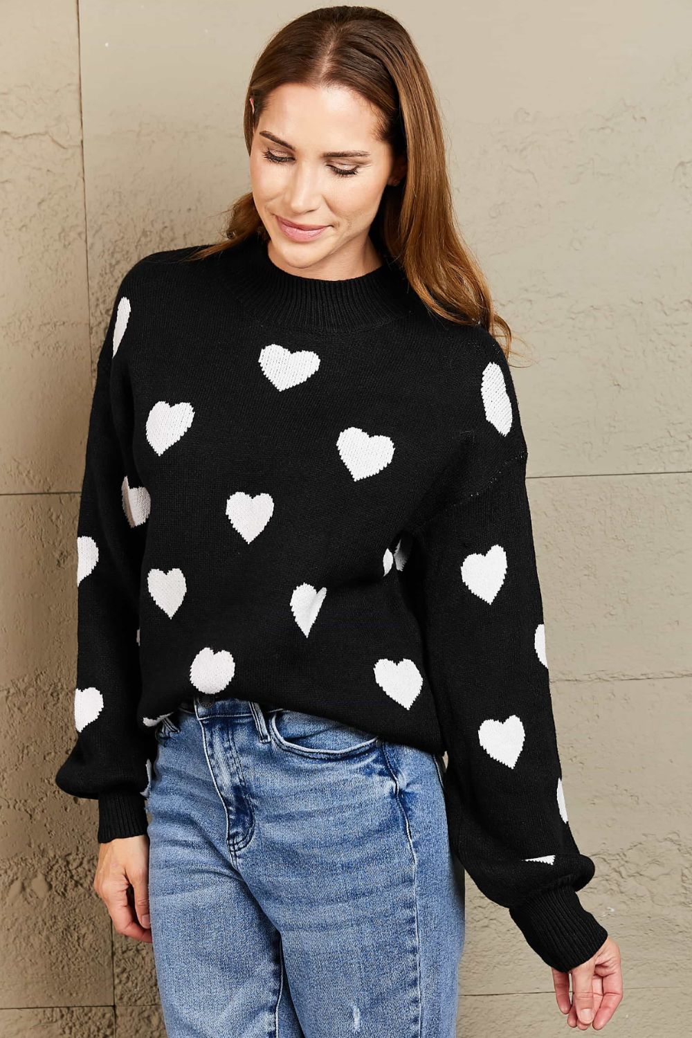 Woven Right Heart Pattern Lantern Sleeve Round Neck Tunic Sweater - The Boutie Shop