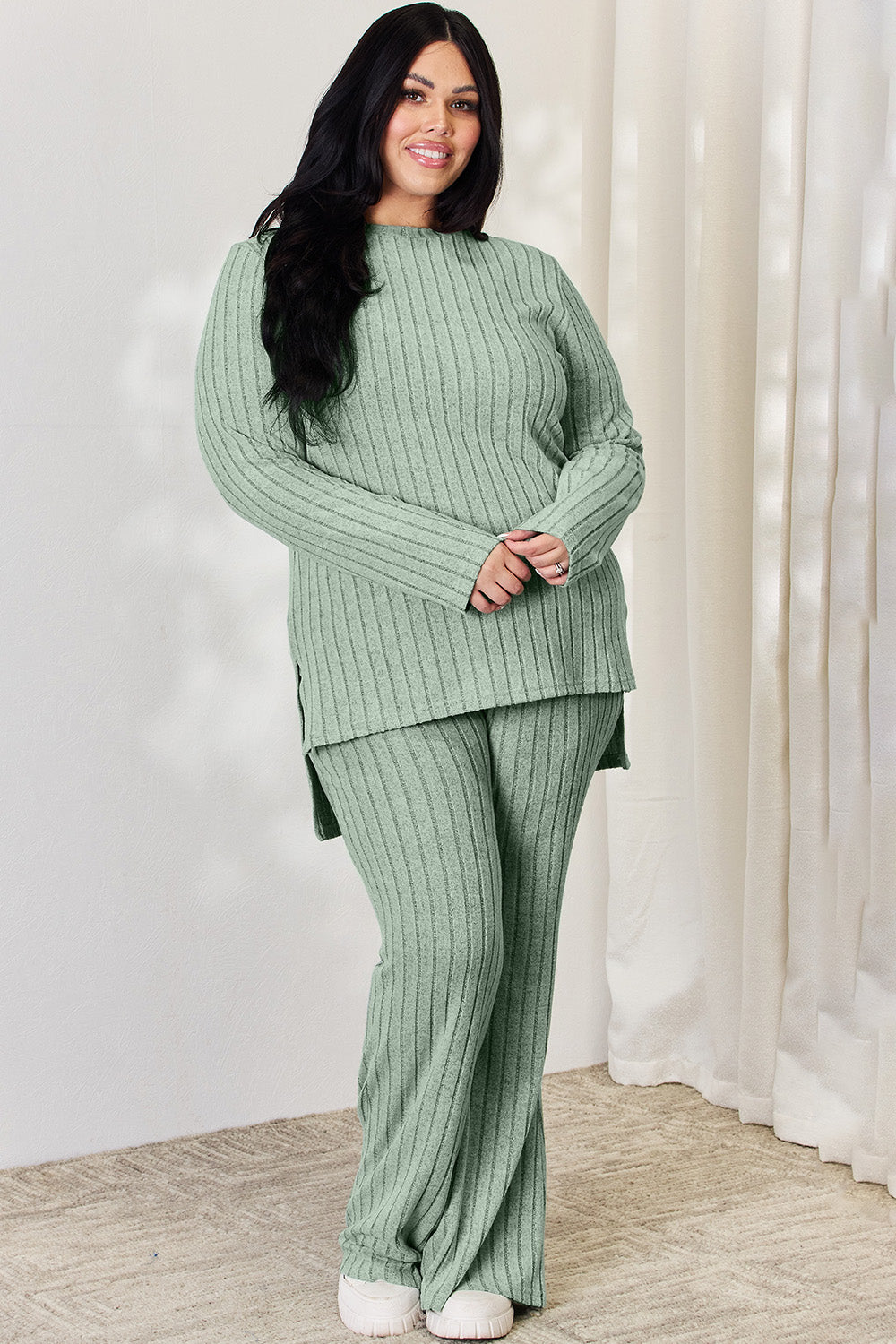 Basic Bae Full Size Ribbed High-Low Top and Wide Leg Pants Set - The Boutie Shop